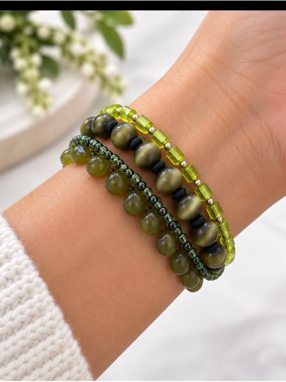 Women Layered Olive Green Beaded Bracelet Set